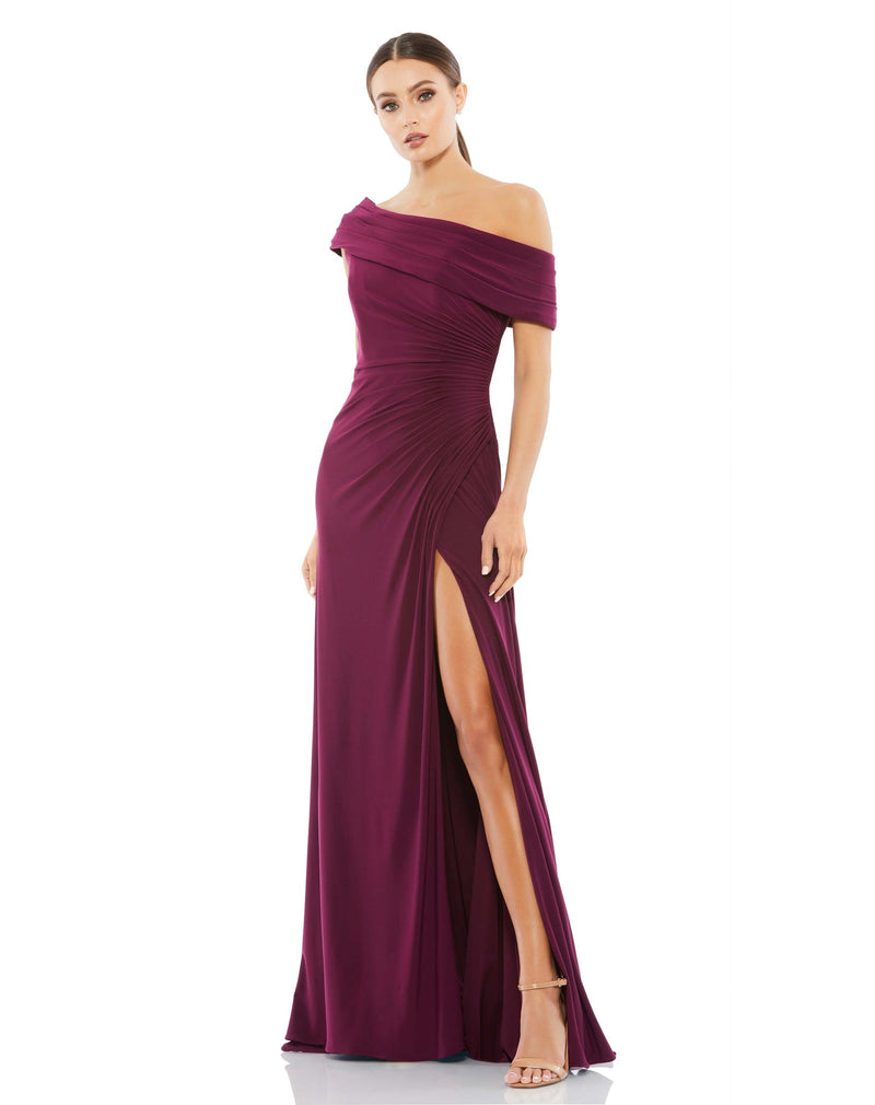 Foldover ruched jersey evening gown - Charcoal