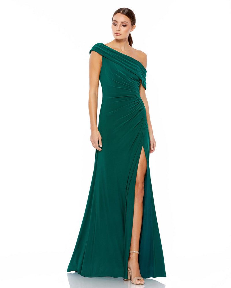 Foldover ruched jersey evening gown - Charcoal