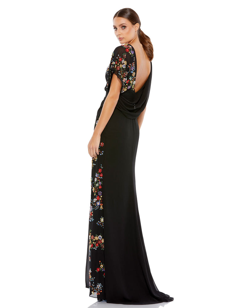Mac Duggal, FAUX WRAP MULTI COLORED BEADED FLORAL GOWN back view