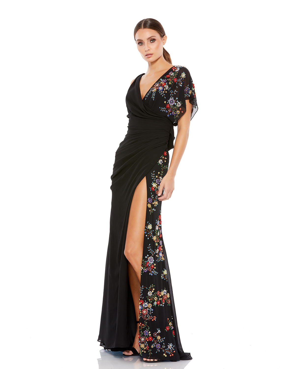 Mac Duggal, FAUX WRAP MULTI COLORED BEADED FLORAL GOWN Regular price
