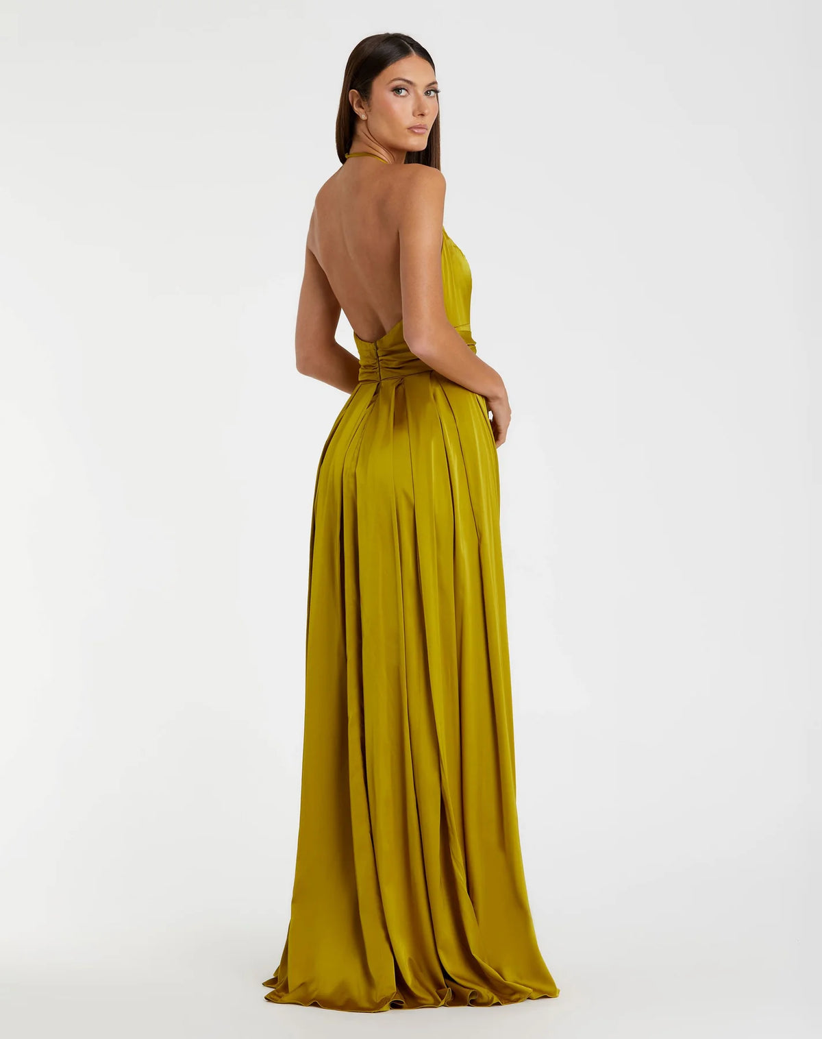 Pleated charmeuse halter gown with belted waist - Magenta