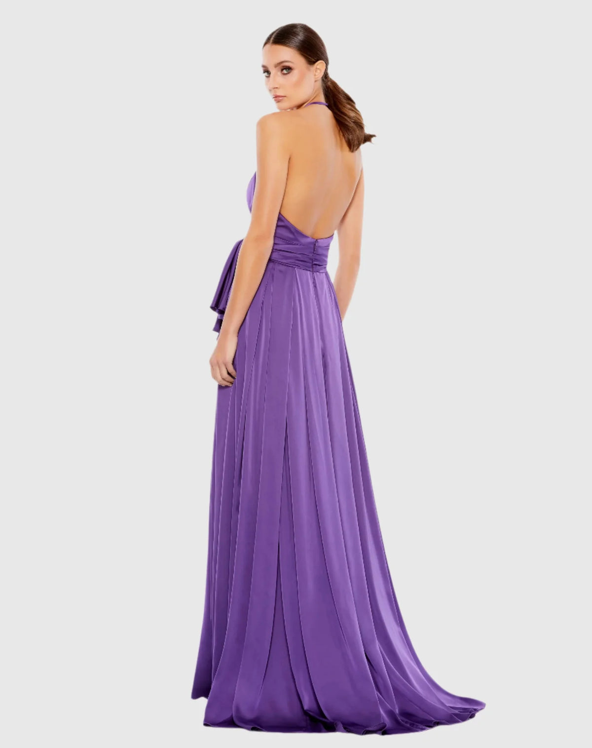 Pleated charmeuse halter gown with belted waist - Magenta