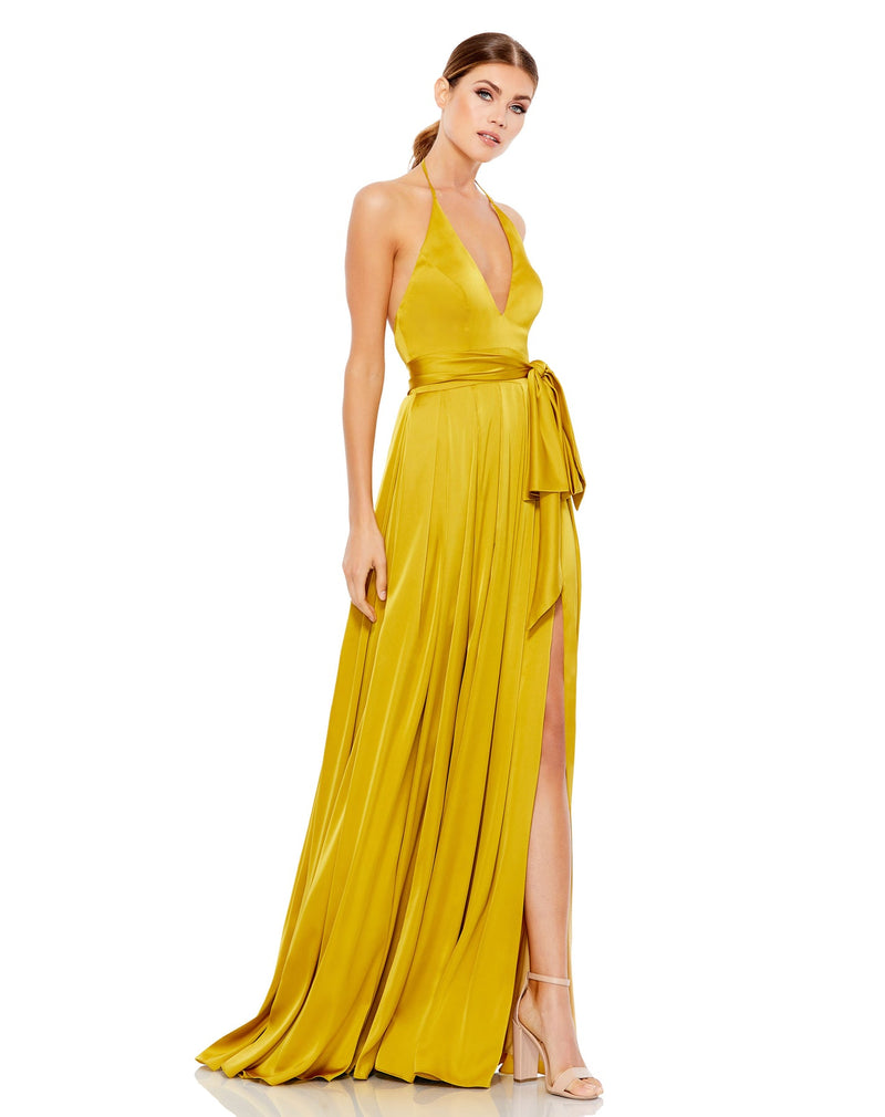 mac duggal CHARMEUSE HALTER STRAP SOFT TIE WAIST GOWN chartreuse