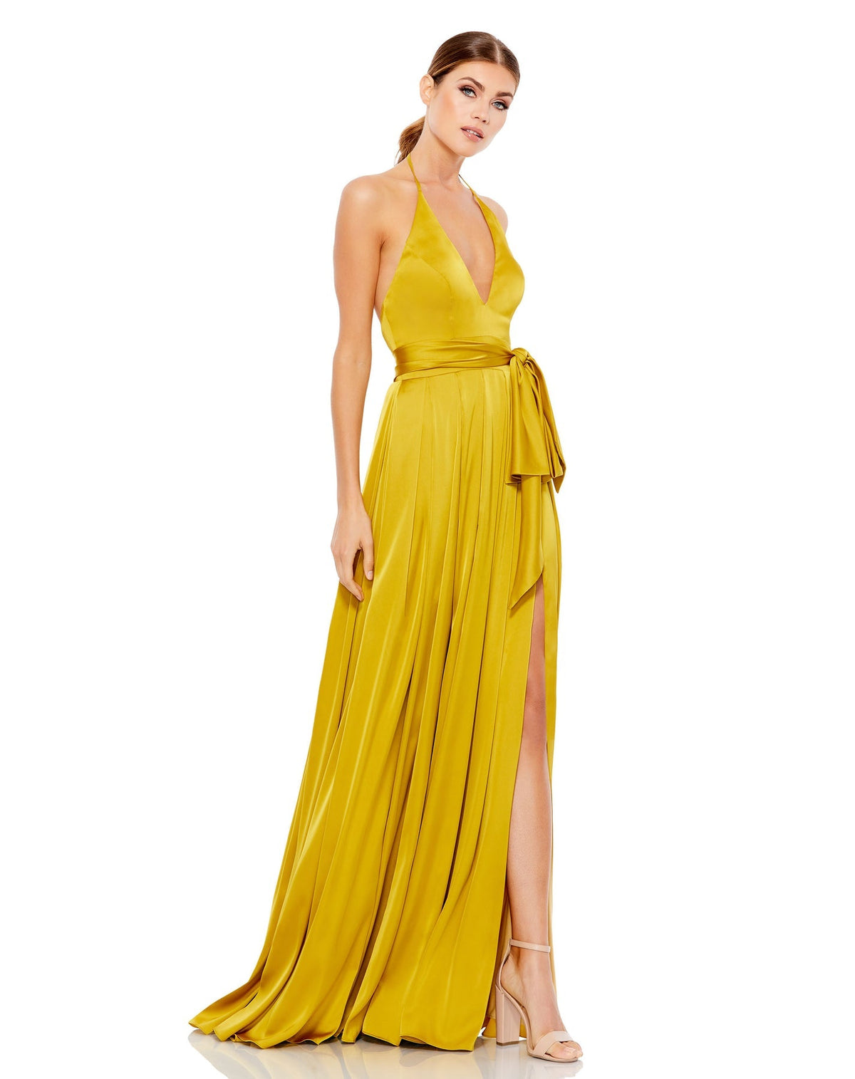 mac duggal CHARMEUSE HALTER STRAP SOFT TIE WAIST GOWN chartreuse