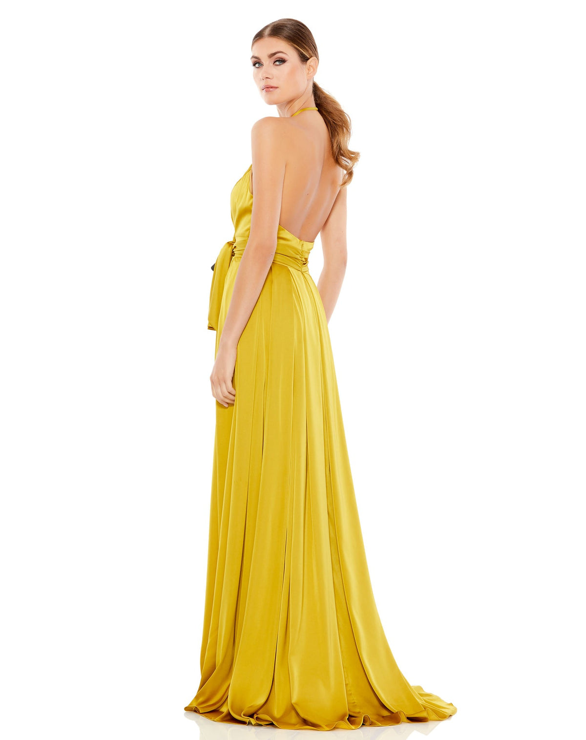 mac duggal CHARMEUSE HALTER STRAP SOFT TIE WAIST GOWN chartreuse back view