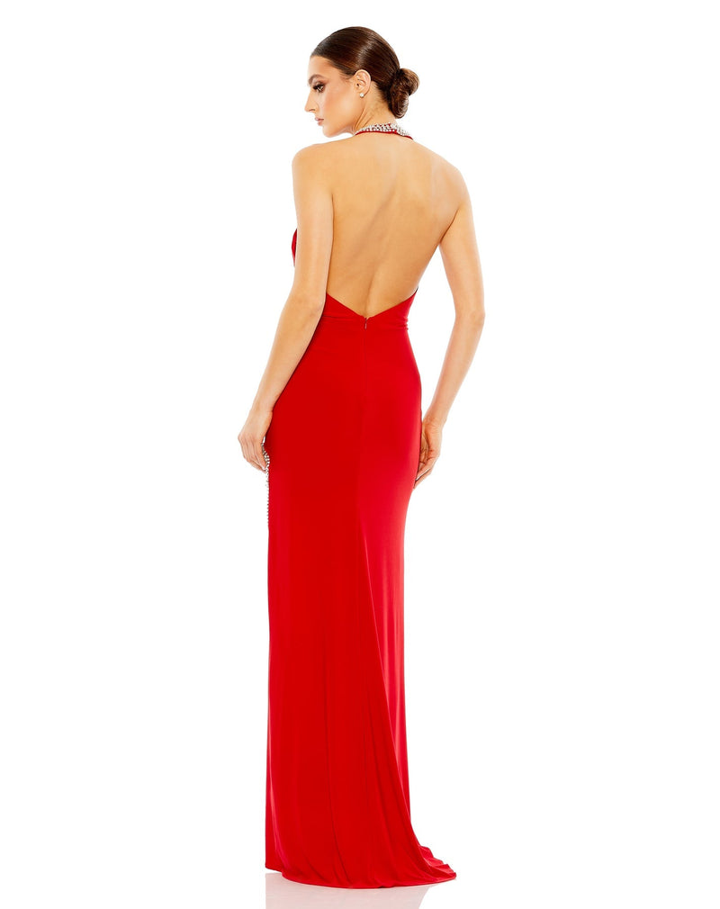 Backless Halterneck gown with rhinestone accents - Red by Mac Duggal