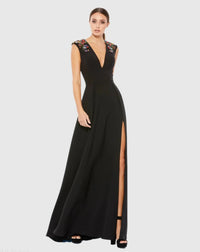 Mac Duggal  Dark Blue Beaded Cap Sleeve V Neck A Line Gown #26540 Black