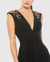 Beaded Cap Sleeve V Neck A Line Gown - Blue