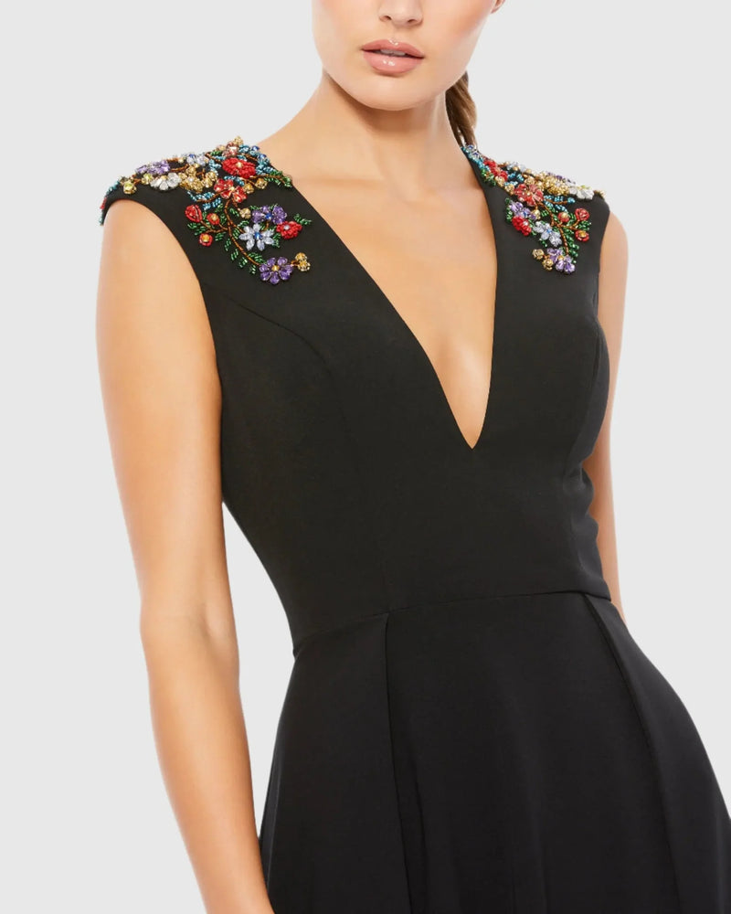 Beaded Cap Sleeve V Neck A Line Gown - Blue