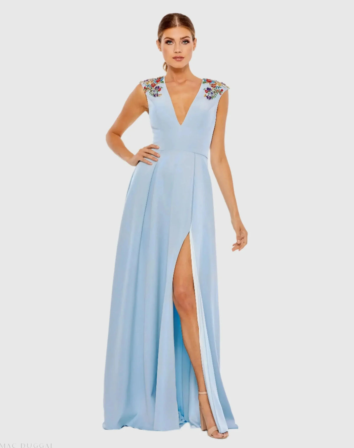 Mac Duggal  Dark Blue Beaded Cap Sleeve V Neck A Line Gown #26540 French Blue