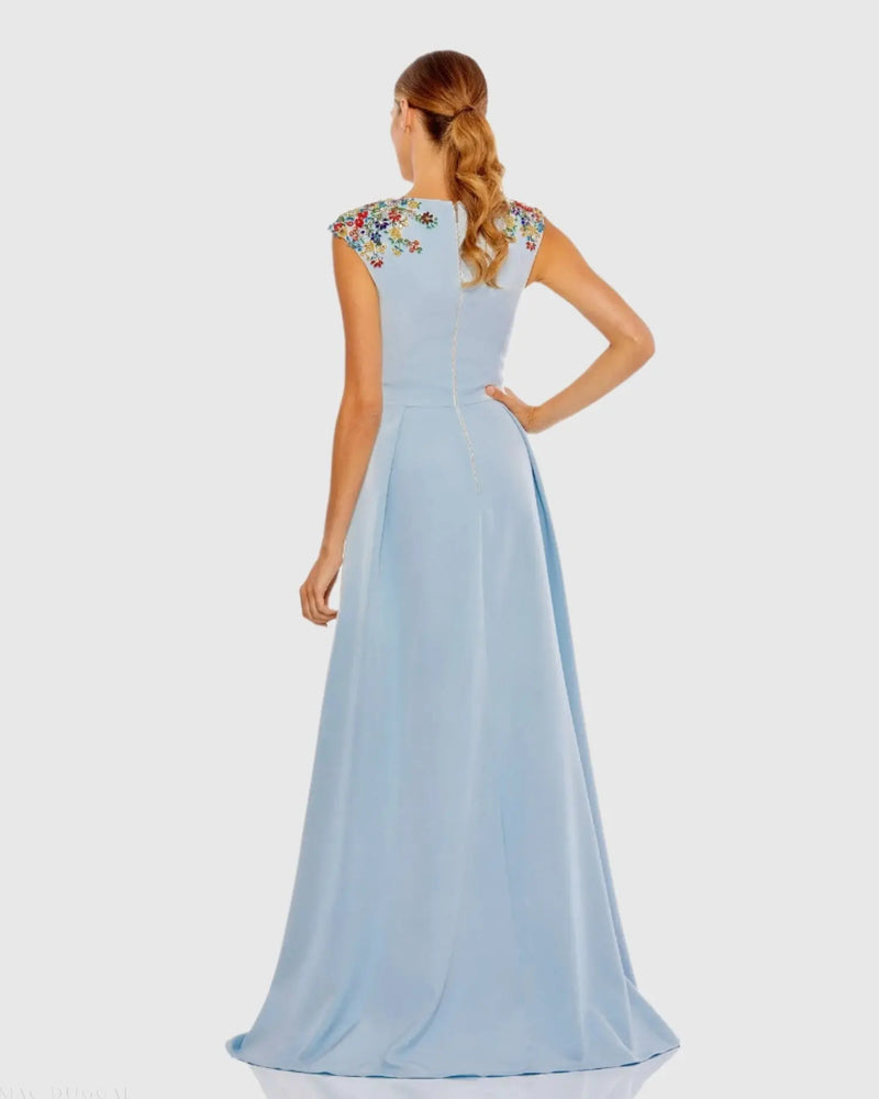 Beaded Cap Sleeve V Neck A Line Gown - Blue