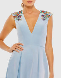 Beaded Cap Sleeve V Neck A Line Gown - Blue
