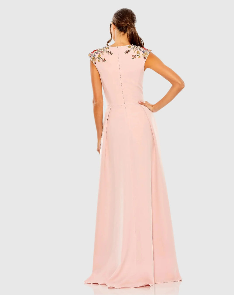 Beaded Cap Sleeve V Neck A Line Gown - Blue