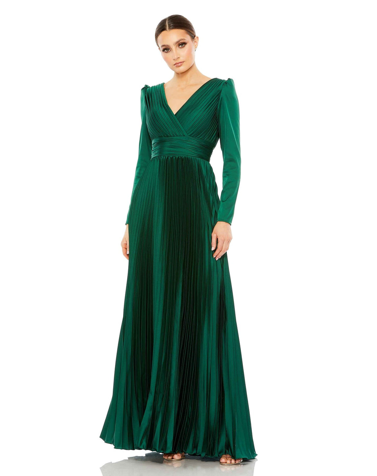 Mac Duggal, PLEATED LONG SLEEVE V-NECK GOWN modest gown, Style #26542  emerald green