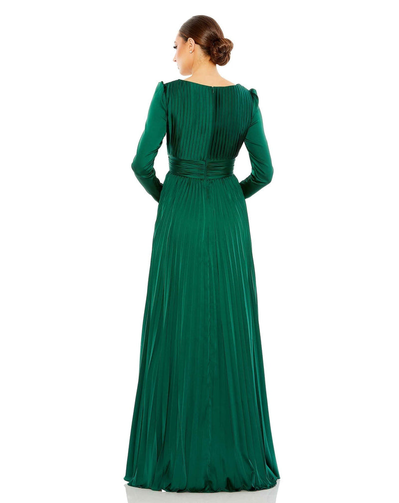 Mac Duggal, PLEATED LONG SLEEVE V-NECK GOWN modest gown, Style #26542  emerald green back view