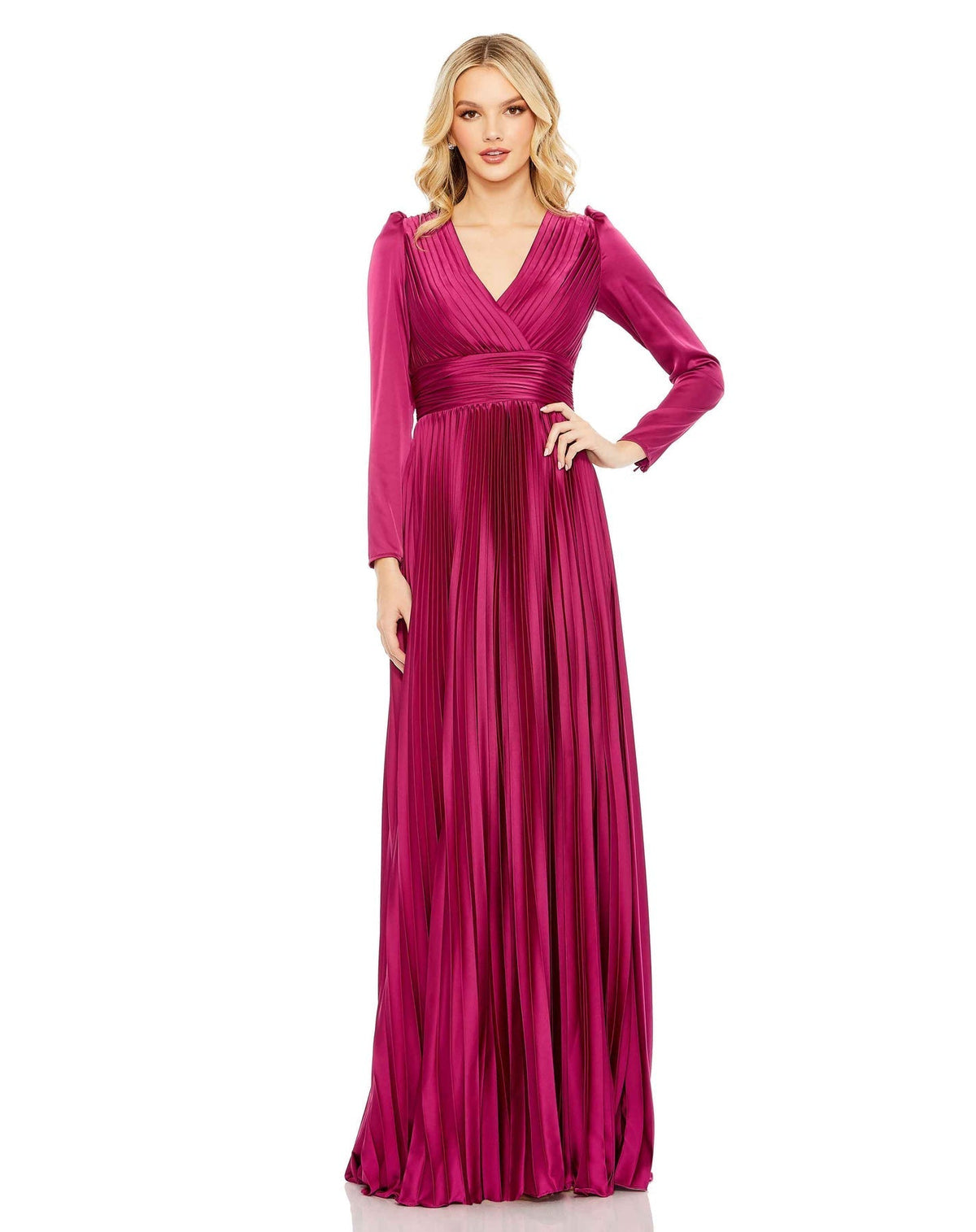 Mac Duggal, PLEATED LONG SLEEVE V-NECK GOWN modest gown, Style #26542  magenta