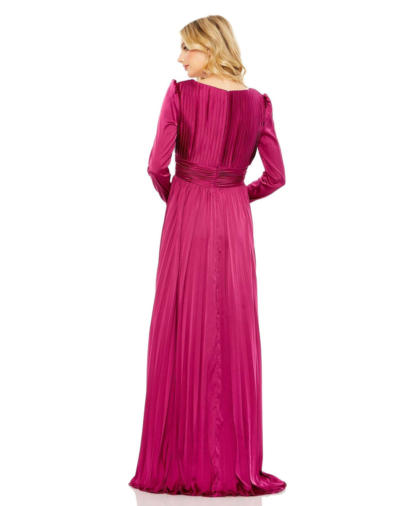 Mac Duggal, PLEATED LONG SLEEVE V-NECK GOWN modest gown, Style #26542  magenta back view