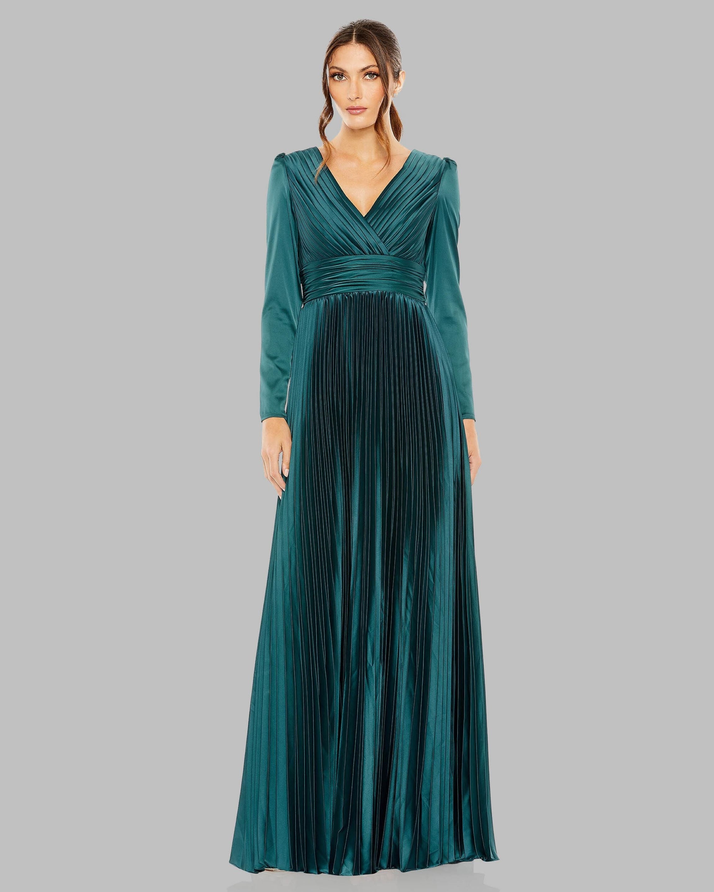 Mac Duggal 26542 Ocean teal pleated long sleeve V neck gown - Front