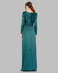 Mac Duggal 26542 Ocean teal pleated long sleeve V neck gown - Back view