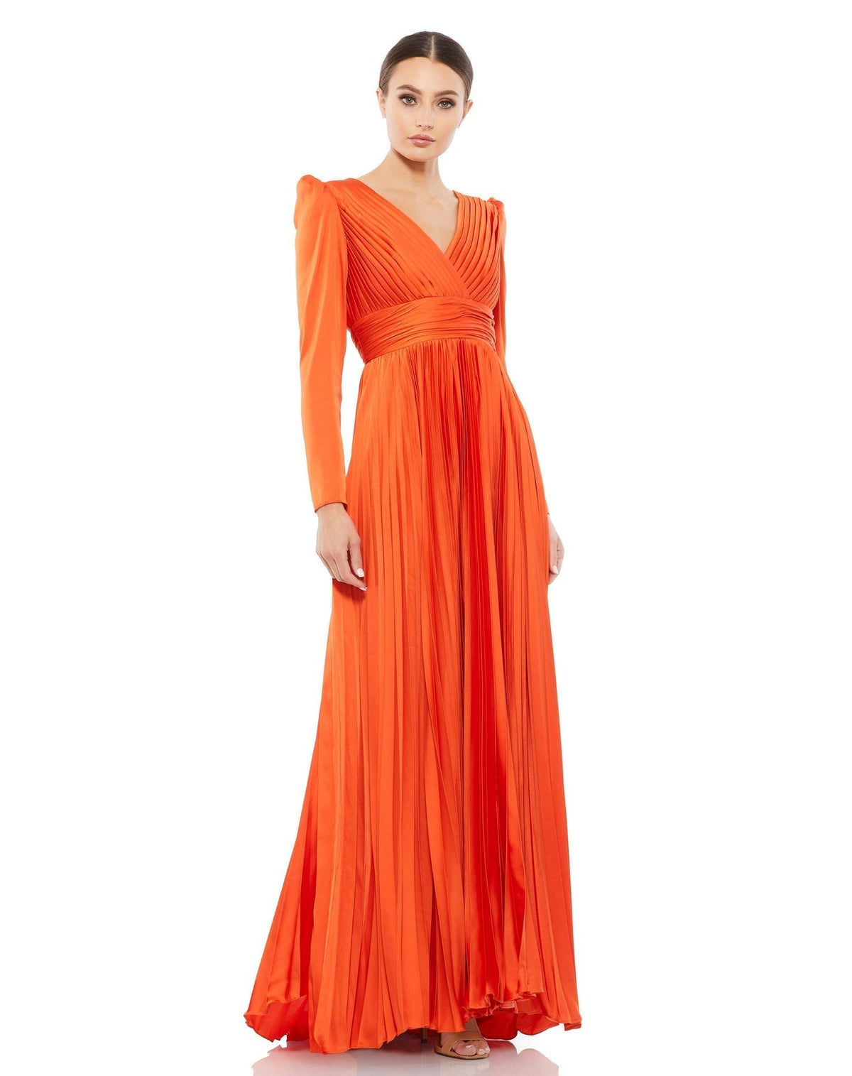 Mac Duggal, PLEATED LONG SLEEVE V-NECK GOWN modest gown, Style #26542 sunset orange