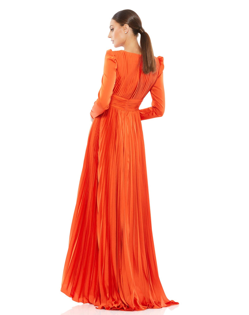 Mac Duggal, PLEATED LONG SLEEVE V-NECK GOWN modest gown, Style #26542 sunset orange back view