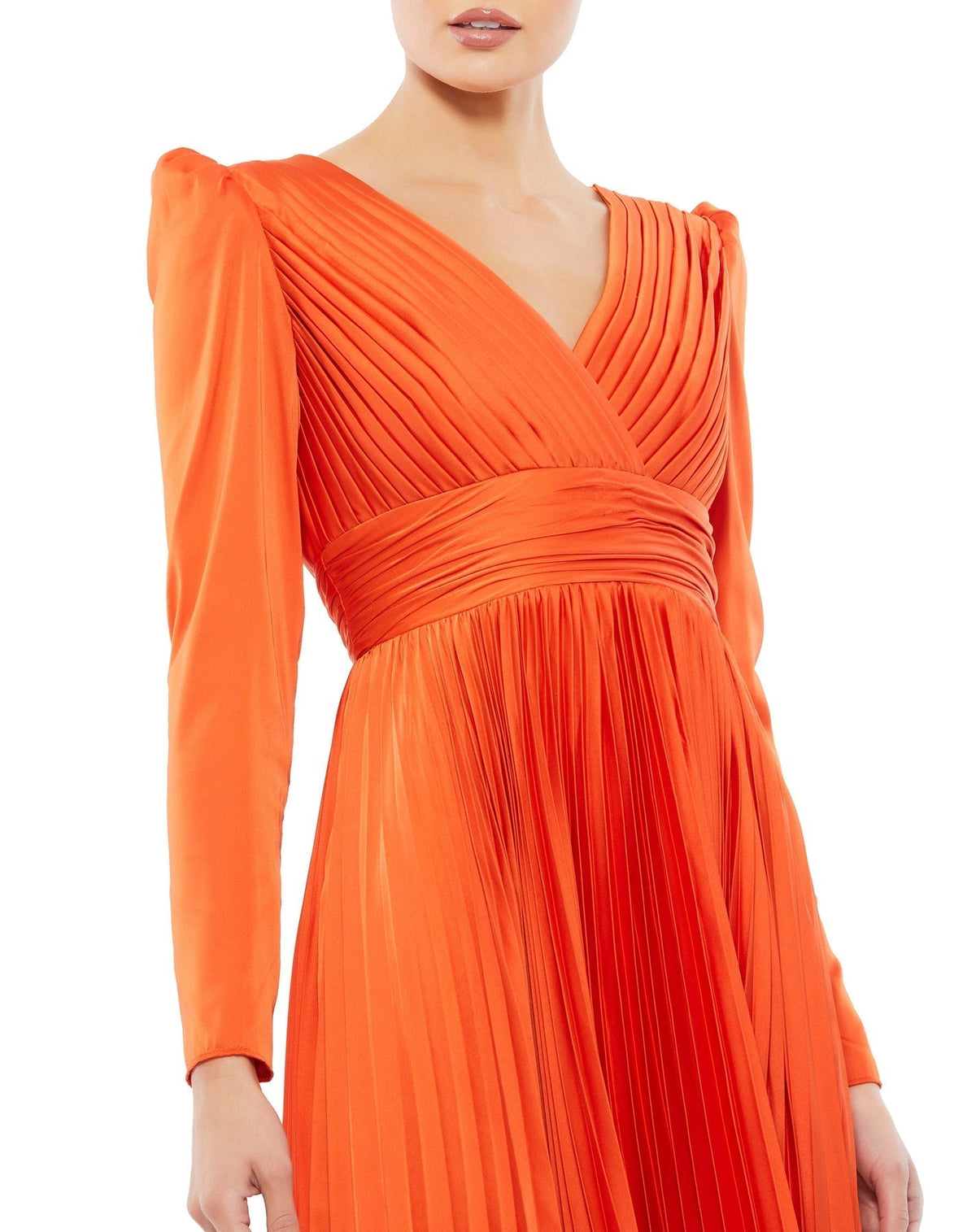 Mac Duggal, PLEATED LONG SLEEVE V-NECK GOWN modest gown, Style #26542 sunset orange close up