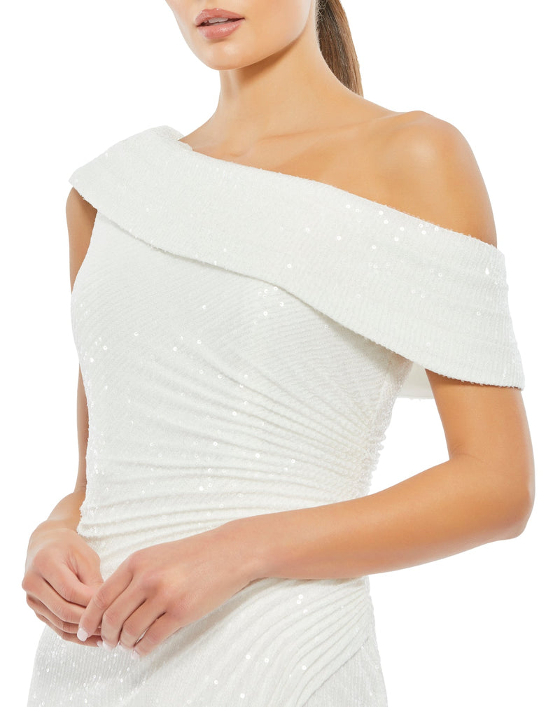 Mac Duggal Style #26550  One shoulder ruched sequin gown - white close up