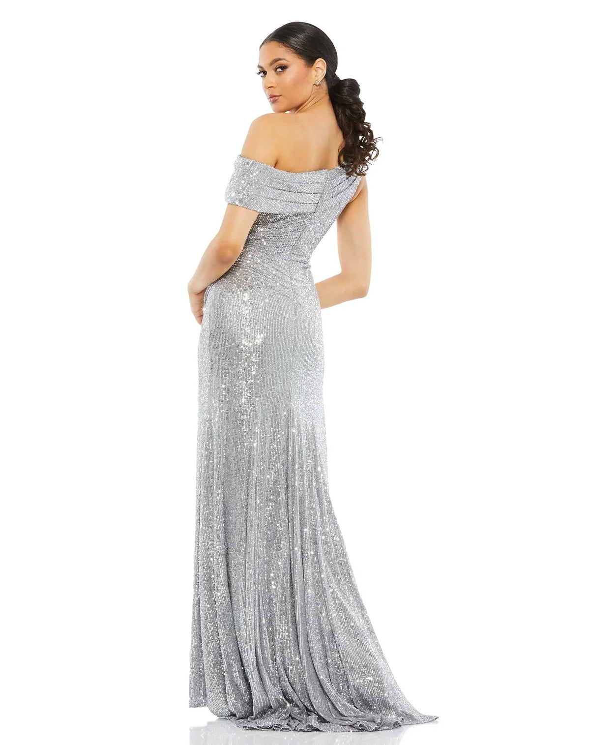 Mac Duggal Style #26550  One shoulder ruched sequin gown - Platinum back