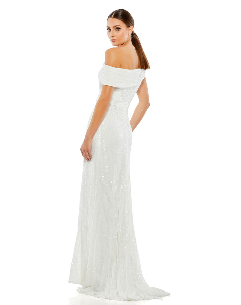 Mac Duggal Style #26550  One shoulder ruched sequin gown - white back view
