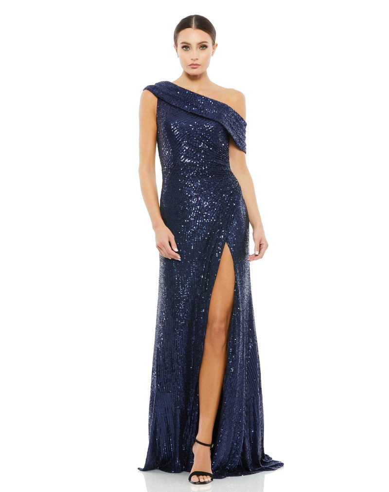 Mac Duggal Style #26550  One shoulder ruched sequin gown - Midnight navy blue