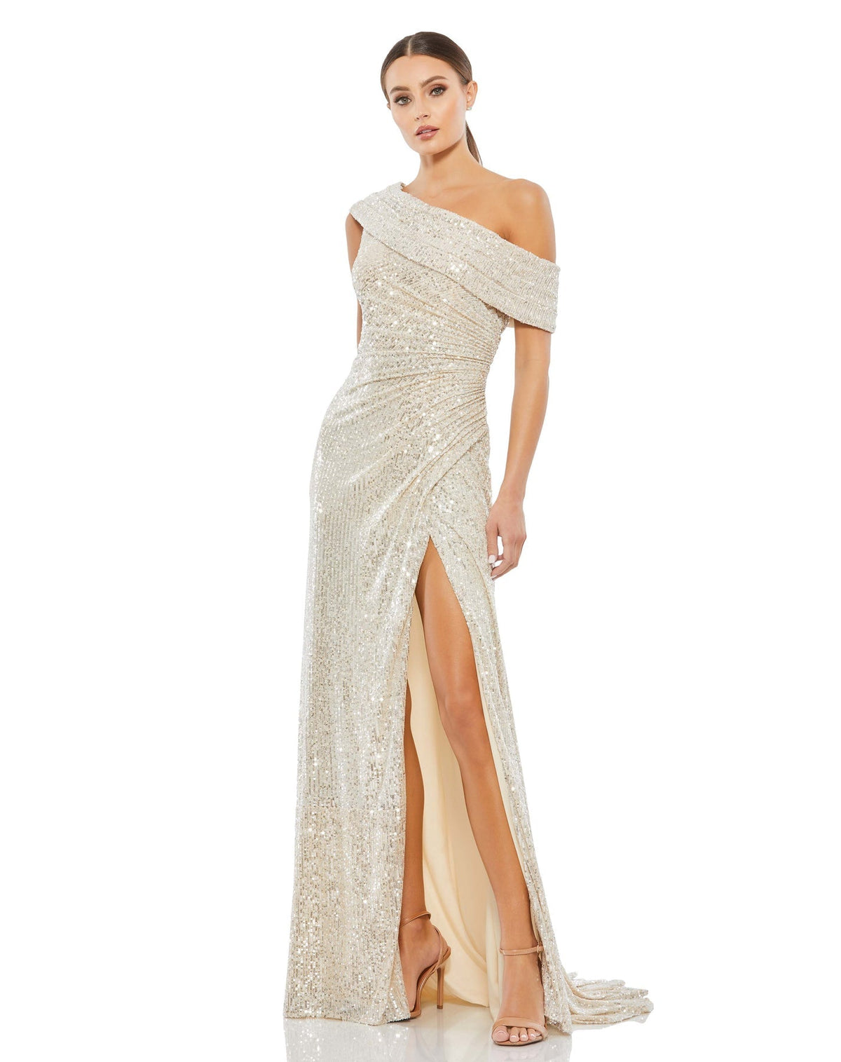 Mac Duggal Style #26550  One shoulder ruched sequin gown - nude