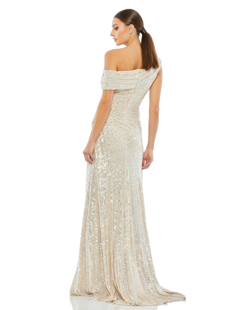 Mac Duggal Style #26550  One shoulder ruched sequin gown - nude back