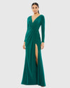 Mac Duggal Green V-Neck Long Sleeve High Slit Gown #26554 Emerald