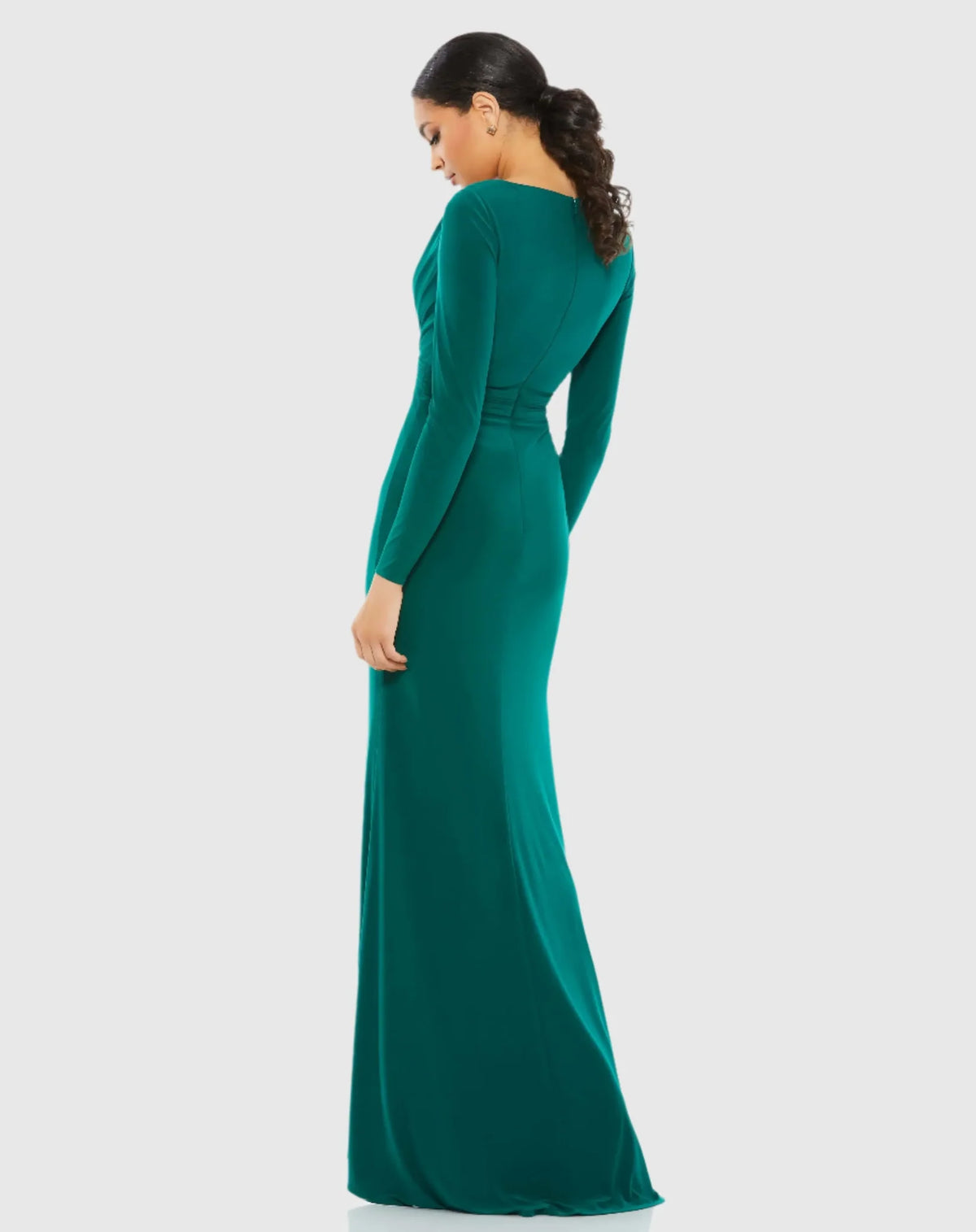 V-Neck Long Sleeve High Slit Gown - Emerald