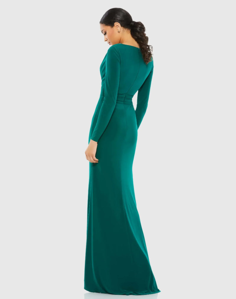 V-Neck Long Sleeve High Slit Gown - Emerald