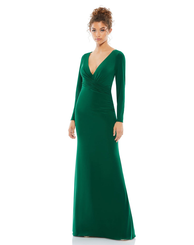 Long sleeve ruched jersey V-neck gown - Midnight