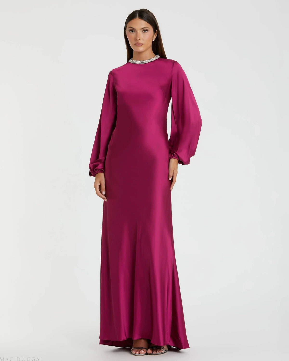 Mac Duggal #26575 berry beaded high neck bishop sleeve satin gown