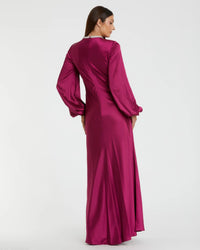 Mac Duggal #26575 berry beaded high neck bishop sleeve satin gown