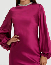 Mac Duggal #26575 berry beaded high neck bishop sleeve satin gown