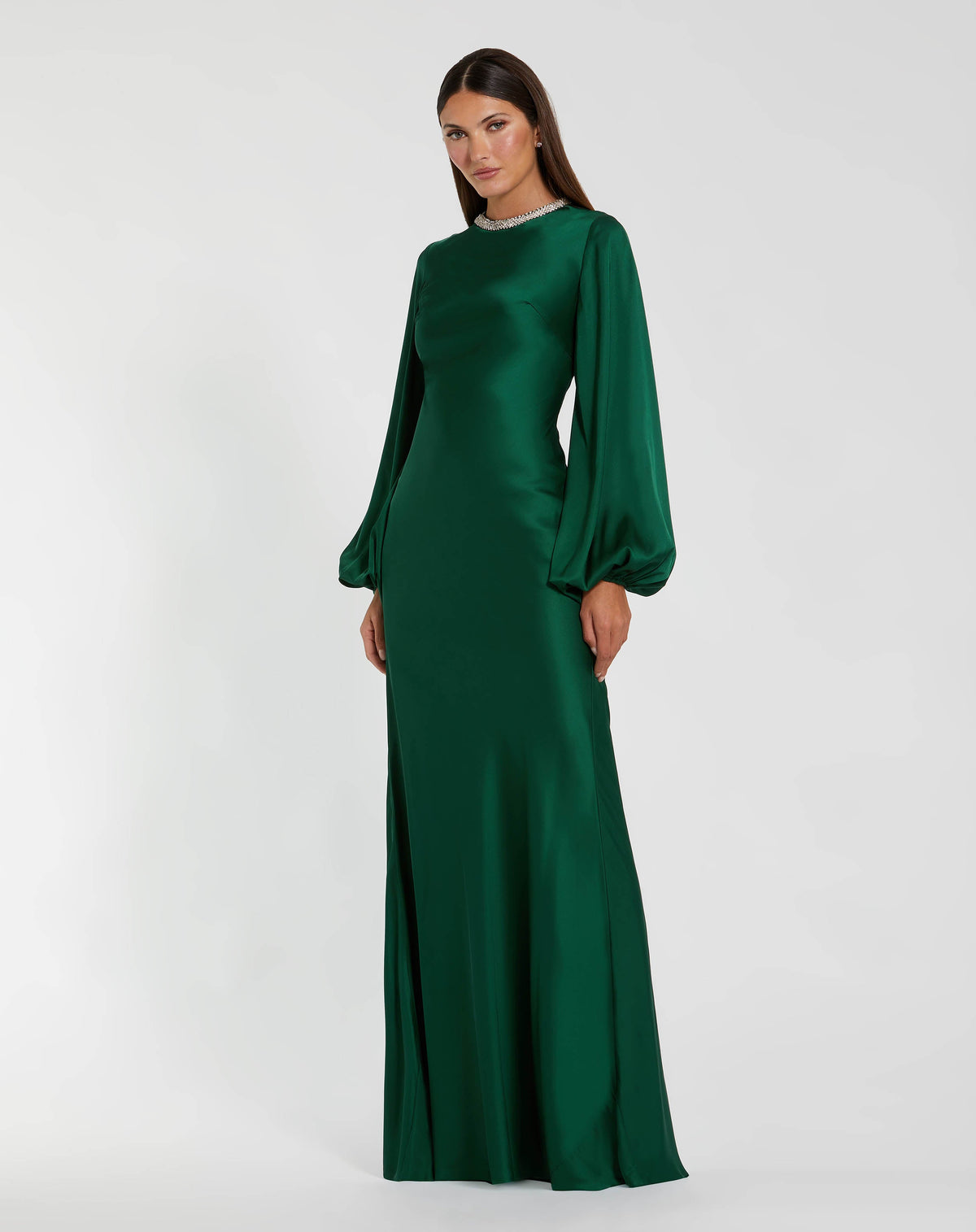 Mac Duggal #26575 emerald beaded high neck bishop sleeve satin gown