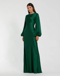 Mac Duggal #26575 emerald beaded high neck bishop sleeve satin gown