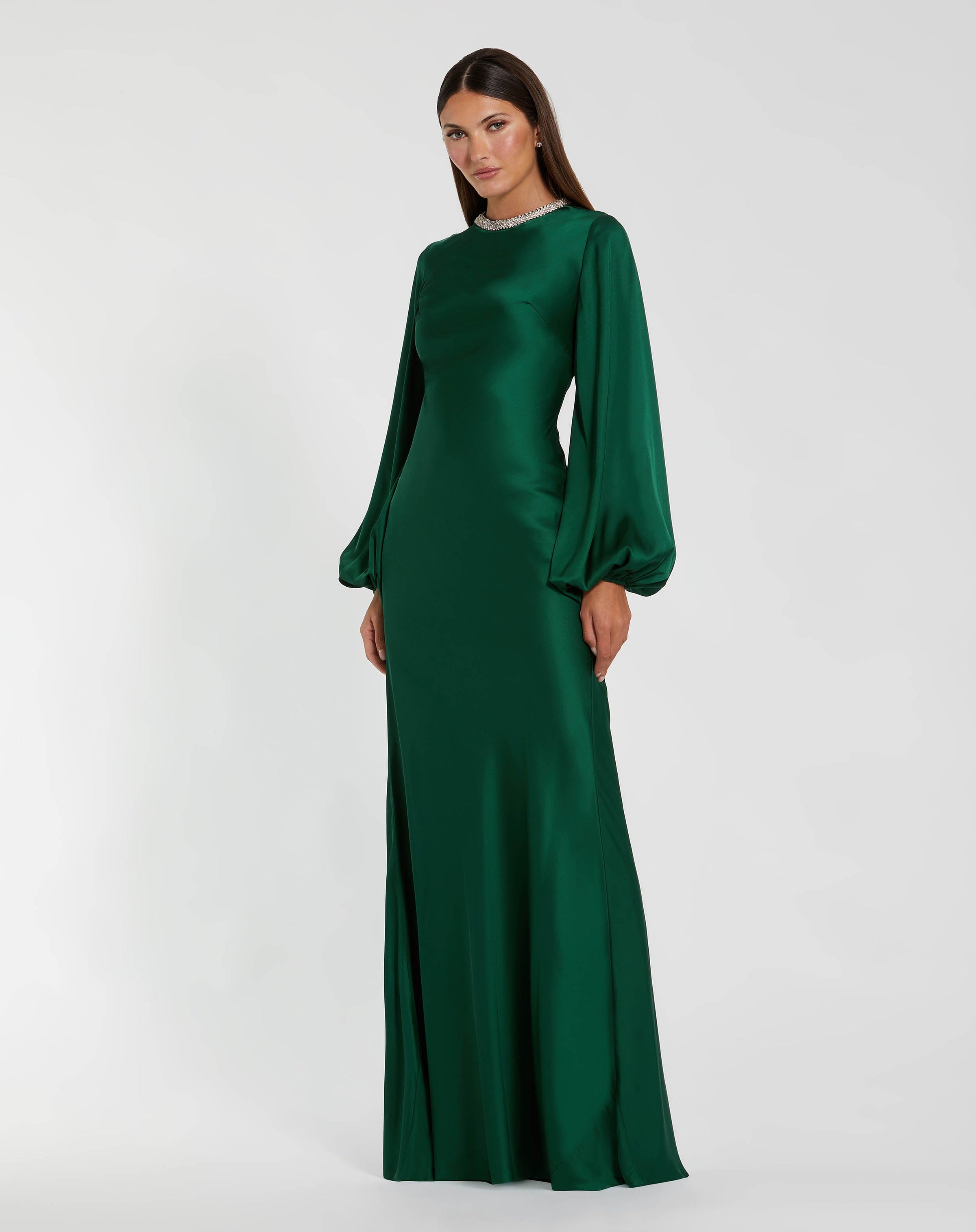 Mac Duggal #26575 emerald beaded high neck bishop sleeve satin gown