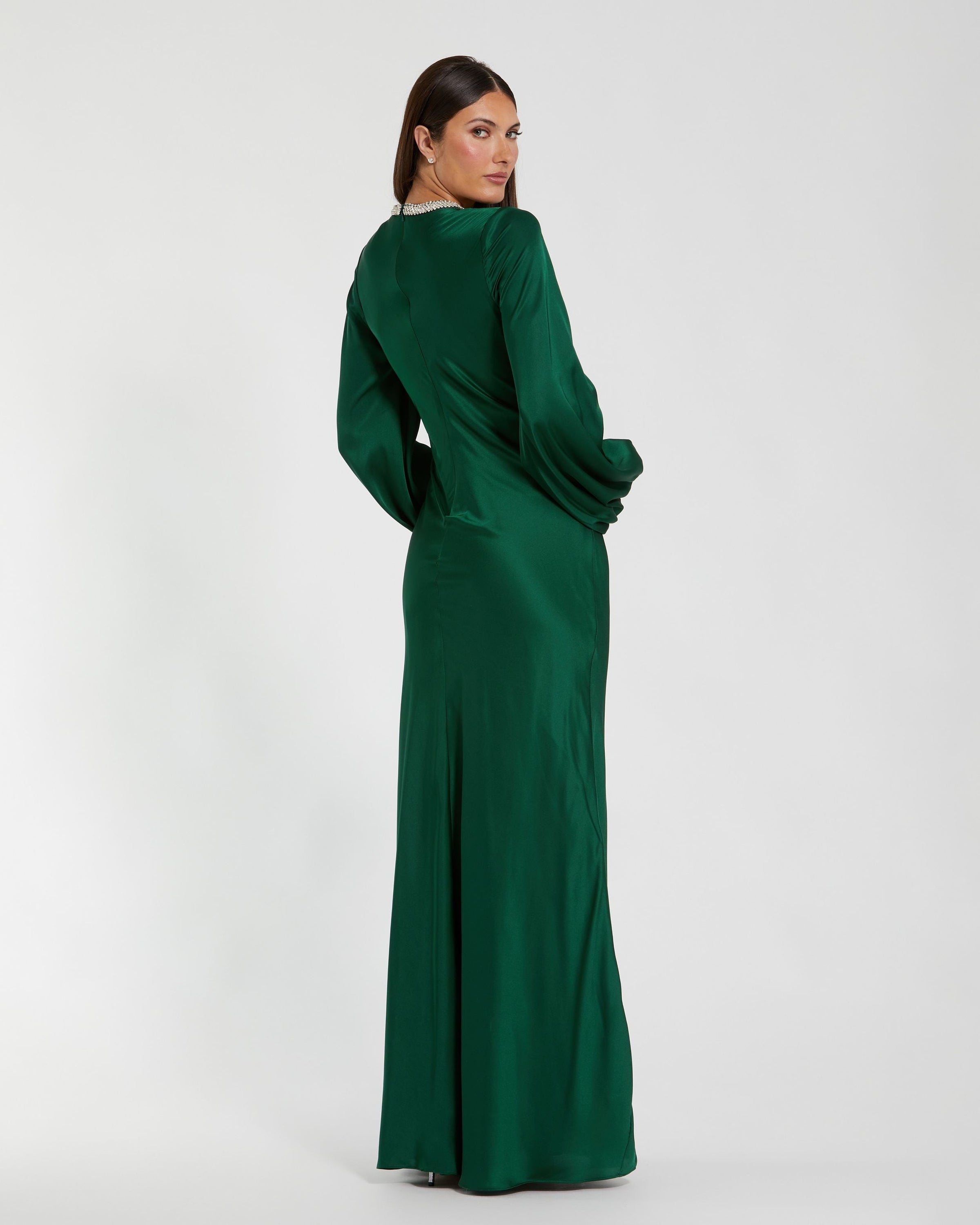 Mac Duggal #26575 emerald satin gown back view