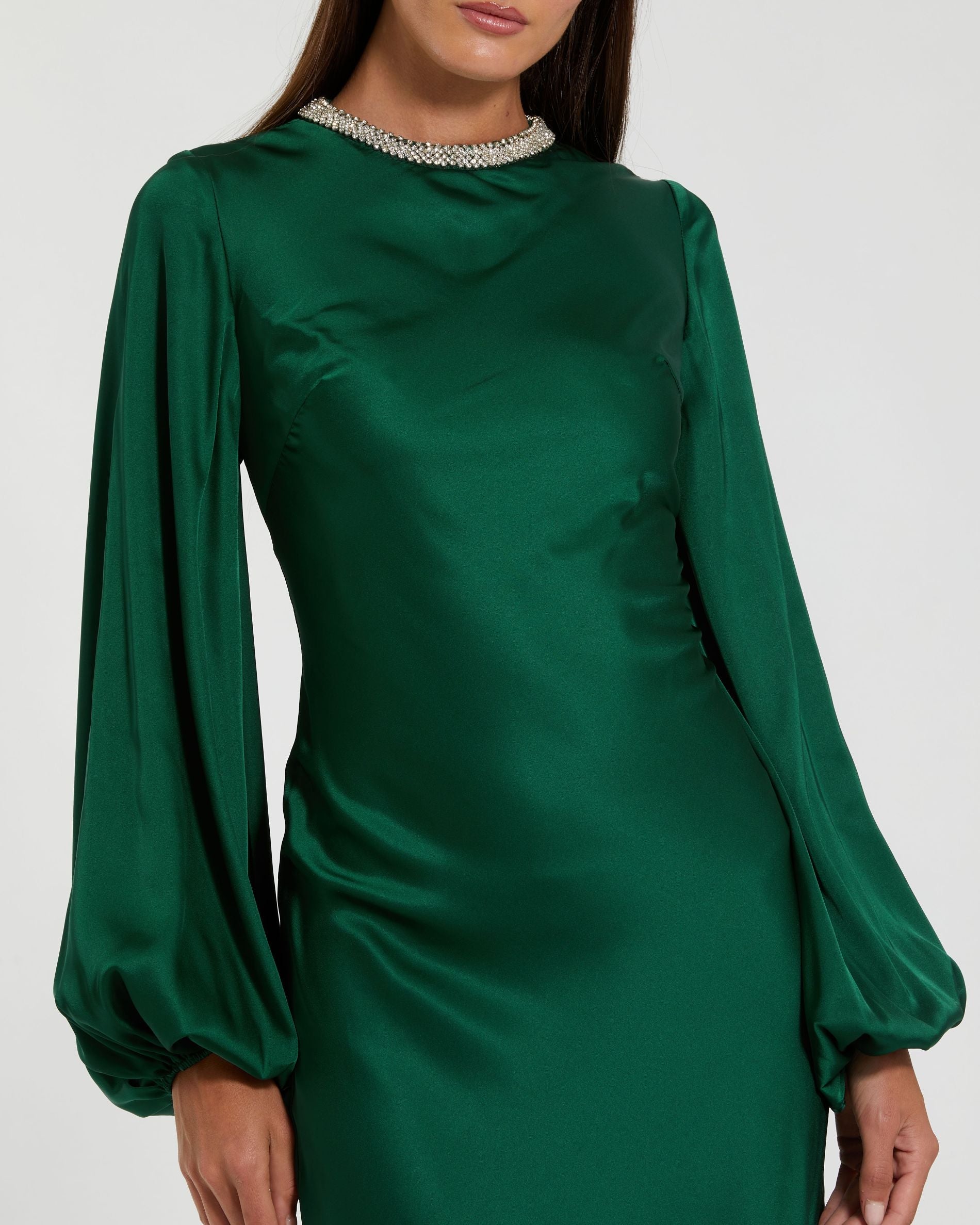 Mac Duggal #26575 emerald satin gown rhinestone collar detail
