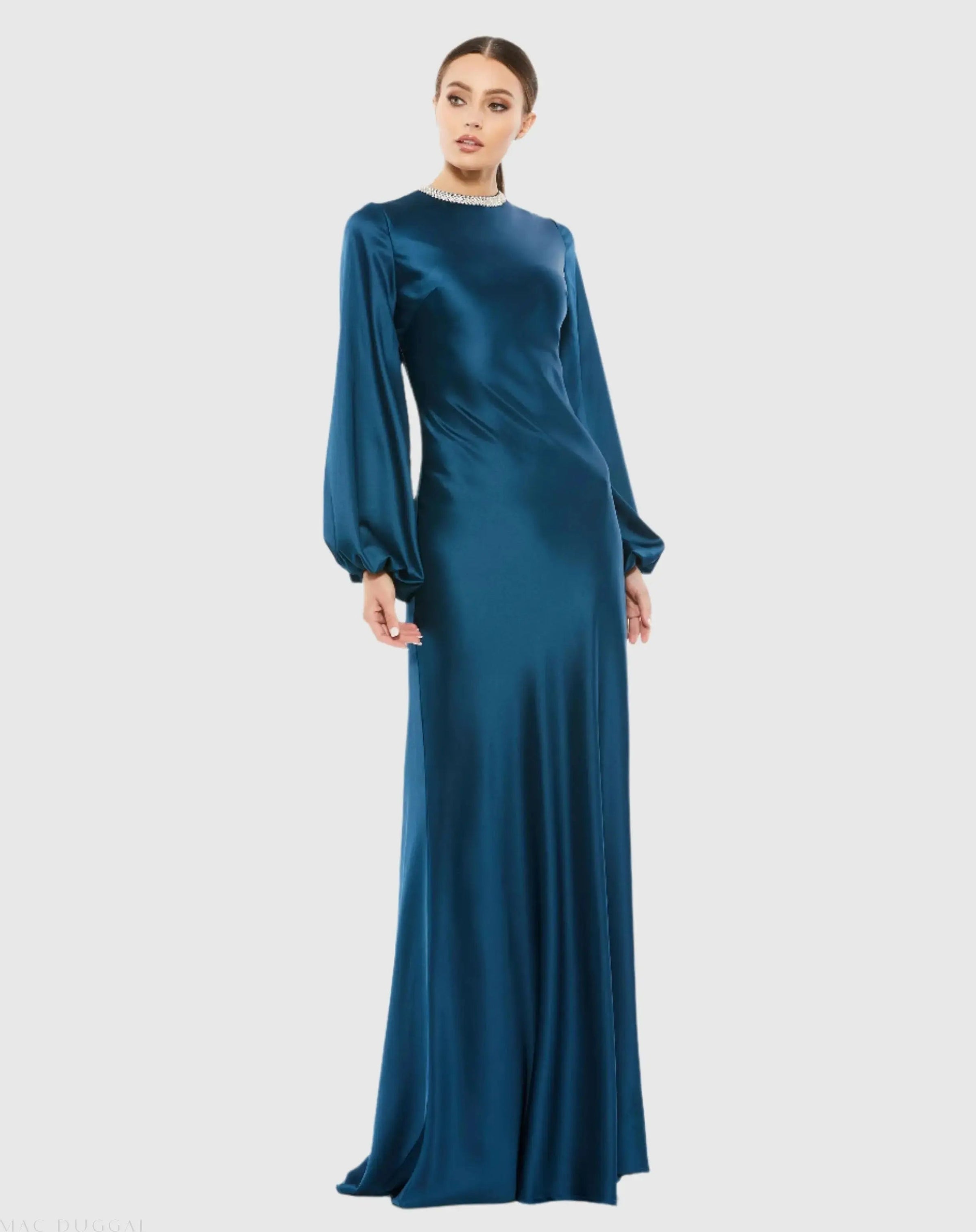 Mac Duggal #26575 sapphire beaded high neck bishop sleeve satin gown