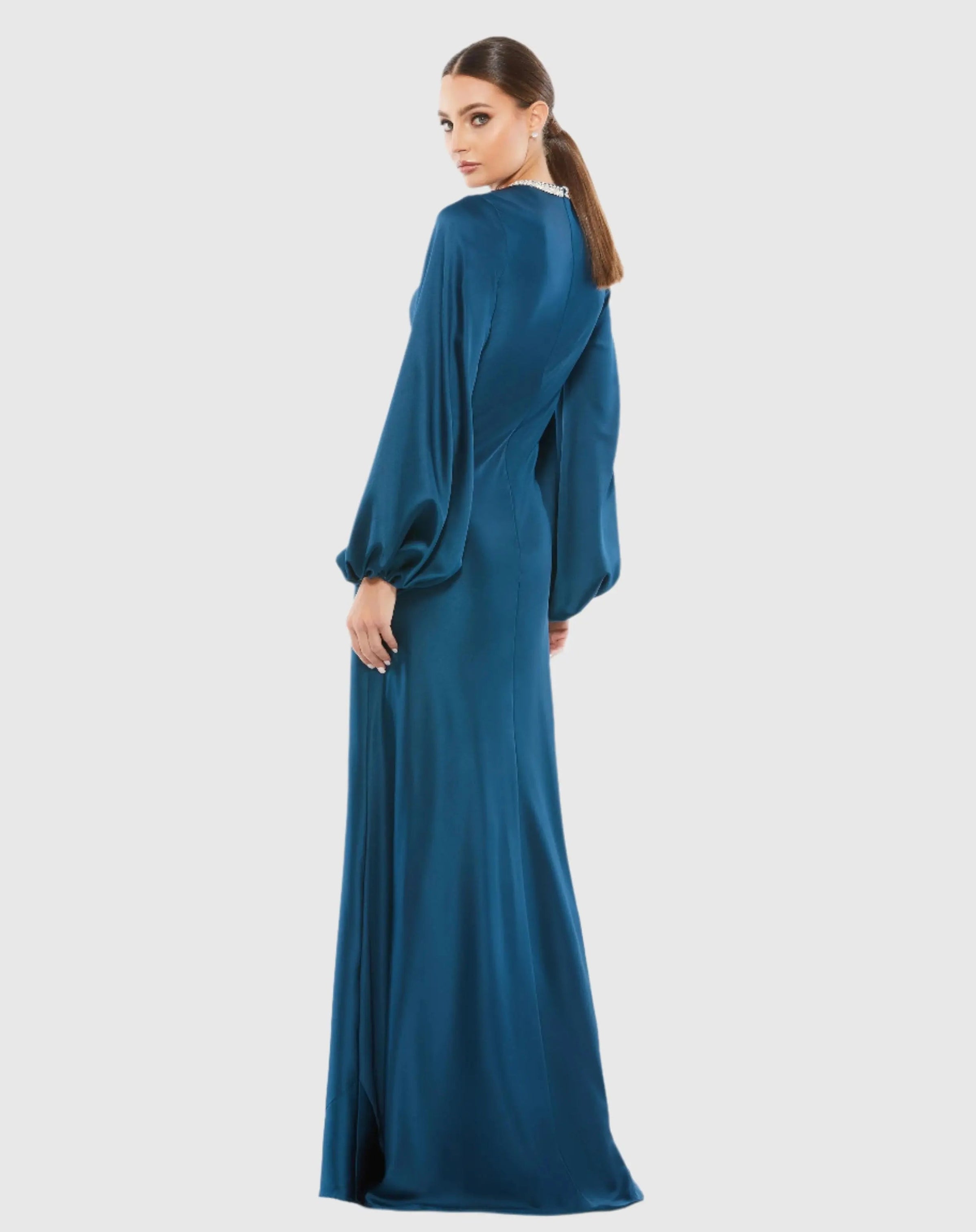 Mac Duggal #26575 sapphire beaded high neck bishop sleeve satin gown