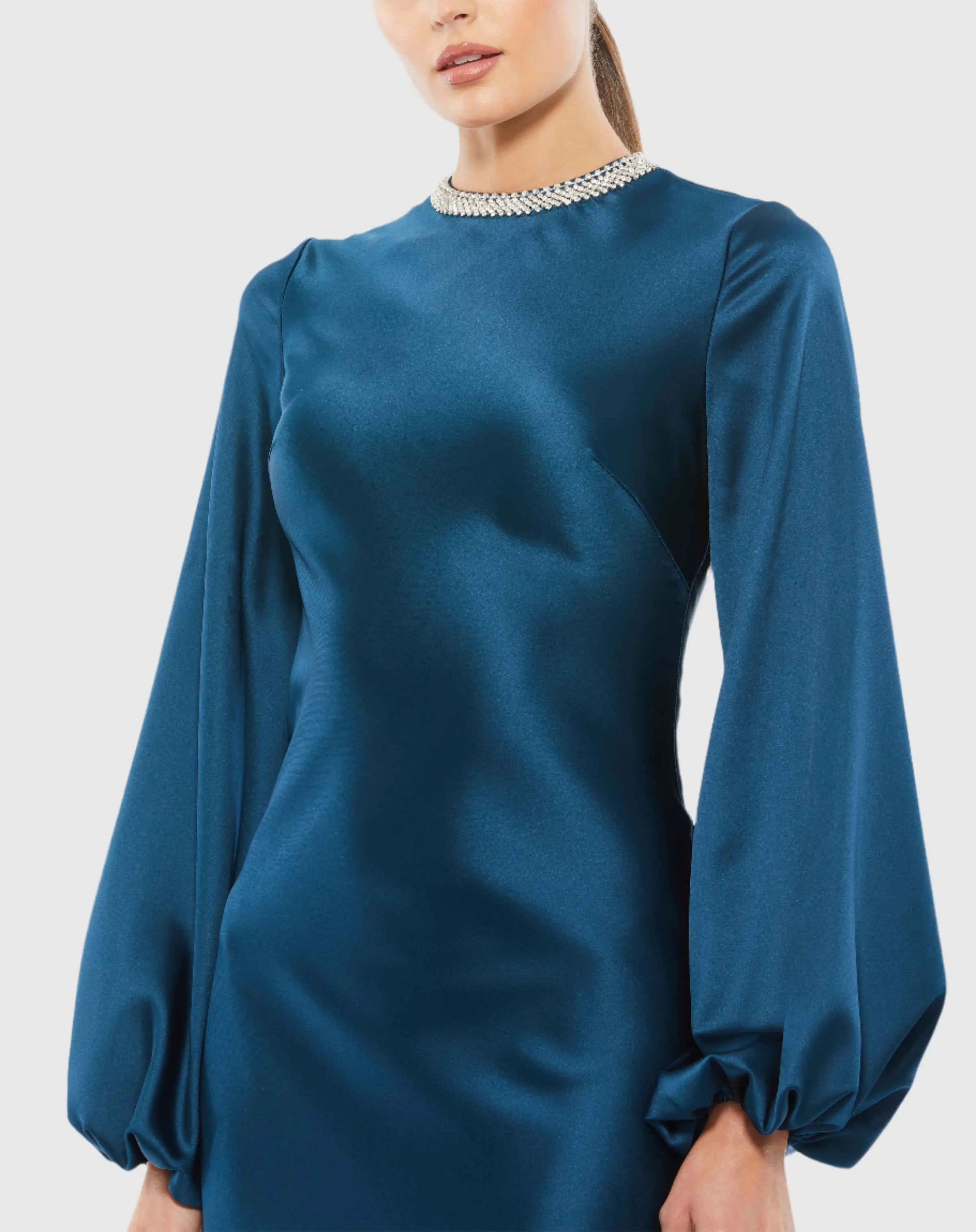Mac Duggal #26575 sapphire beaded high neck bishop sleeve satin gown
