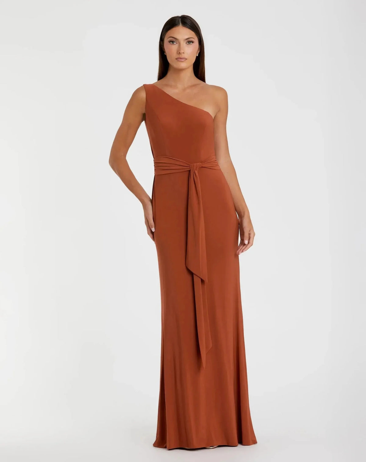 Jersey one shoulder belted trumpet gown - Brick