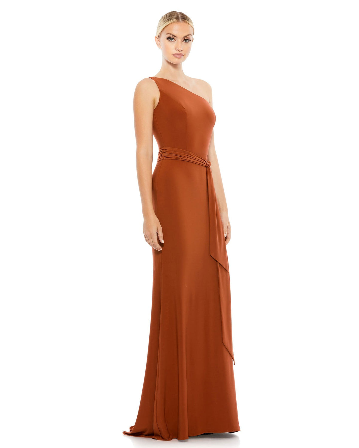 Mac Duggal Style #26581 Jersey one shoulder belted trumpet gown - brick