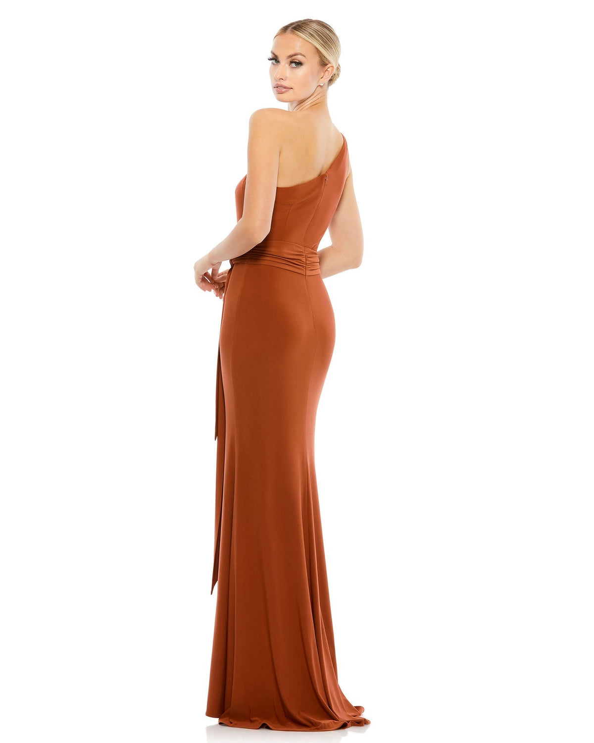 Mac Duggal Style #26581 Jersey one shoulder belted trumpet gown - brick side